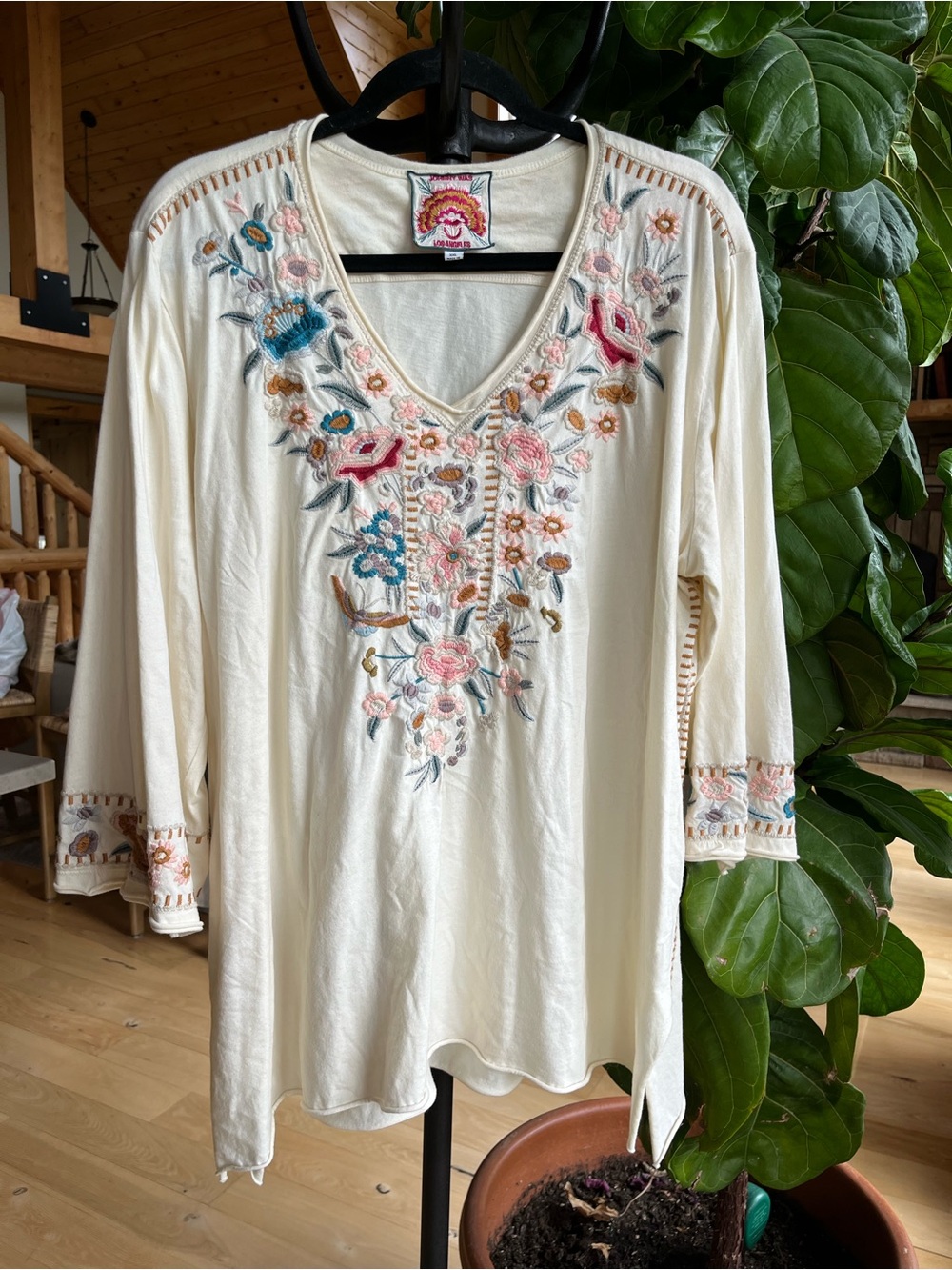 Johnny Was Cream Embroidered V-Neck Tunic with Multicolor Floral Detail